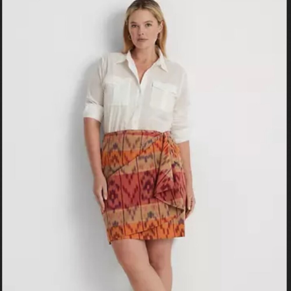 Lauren Ralph Lauren Plus Women's Geometric Motif Cotton Linen Wrap Skirt